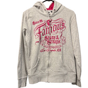 Vintage Famous Stars & Straps Zip-Up Gray Y2K Hoodie with Pink